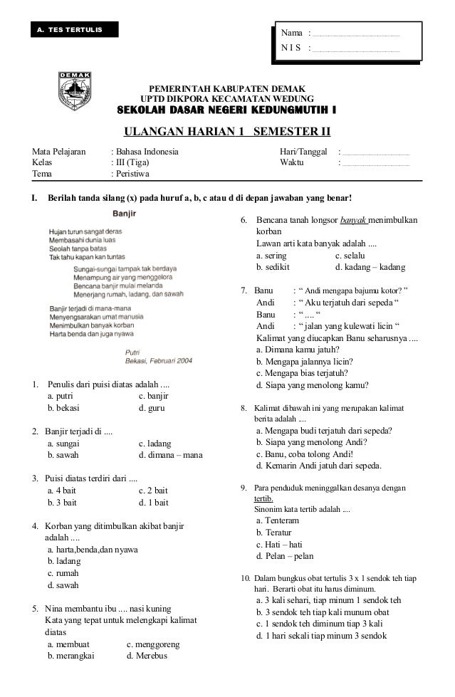 10 Contoh Soal Tematik Bahasa Indonesia Kelas 3 SD Semester 1 yang Wajib Dilatih Sebelum Ujian Akhirnya 10 Contoh Soal Tematik Bahasa Indonesia Kelas 3 SD Semester 1 yang Wajib Dilatih Sebelum Ujian Akhirnya