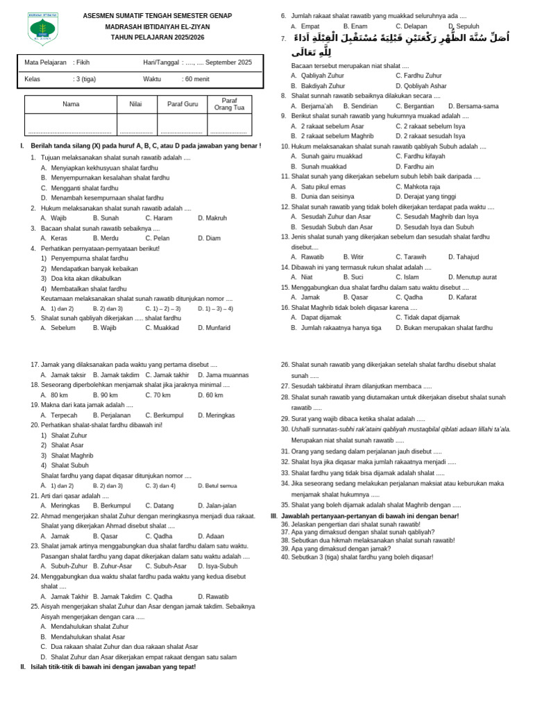 Soal ASTS Fikih Kelas 3 PDF Soal ASTS Fikih Kelas 3 PDF