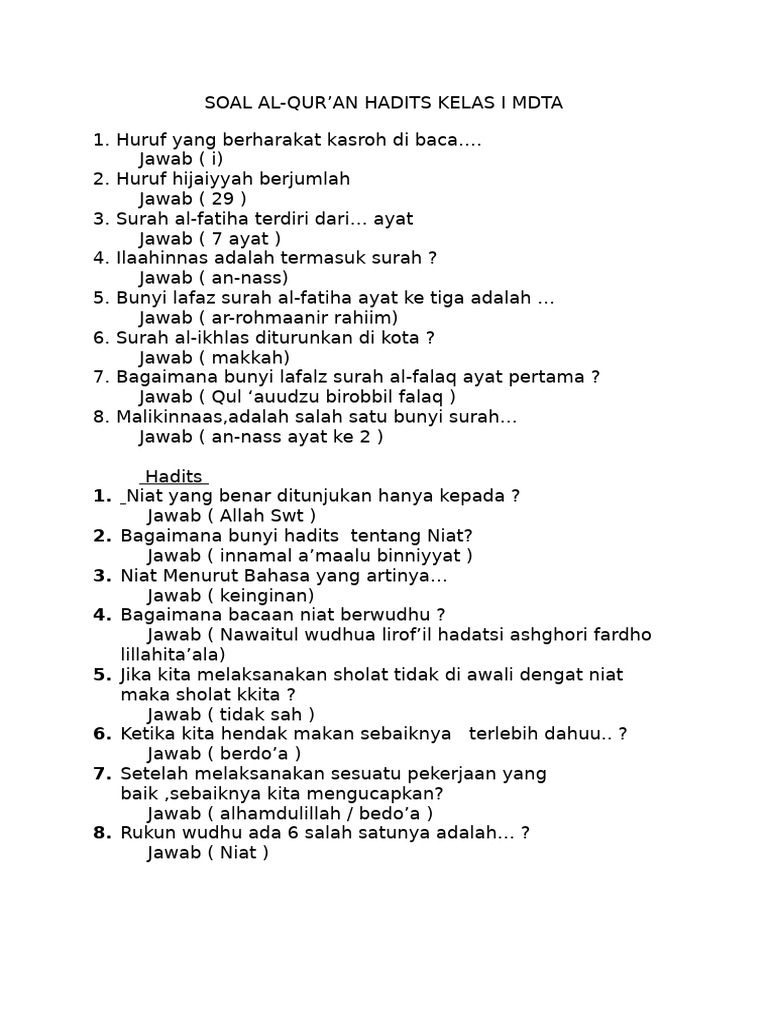 Soal Al-Qur an dan Hadits Kelas MDTA PDF