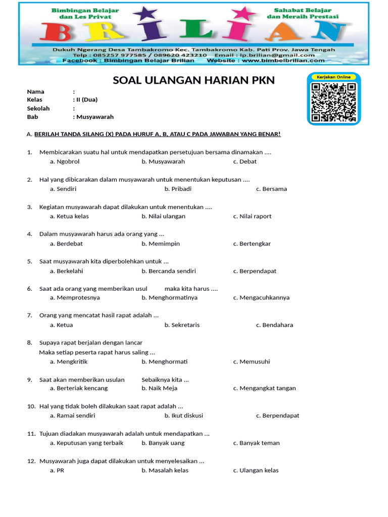 Soal PKN Kelas 2 SD Bab 4 Musyawarah PDF