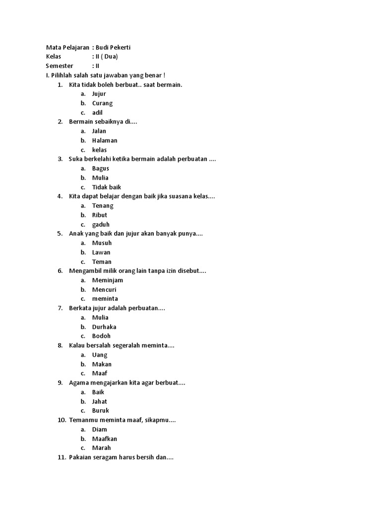 Soal Budi Pekerti Kelas 2 Semester 2 PDF