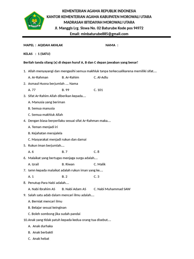 Rahasia Sukses Ujian dengan Kumpulan soal aqidah akhlak kelas 1 mi semester 2 doc Terbaru