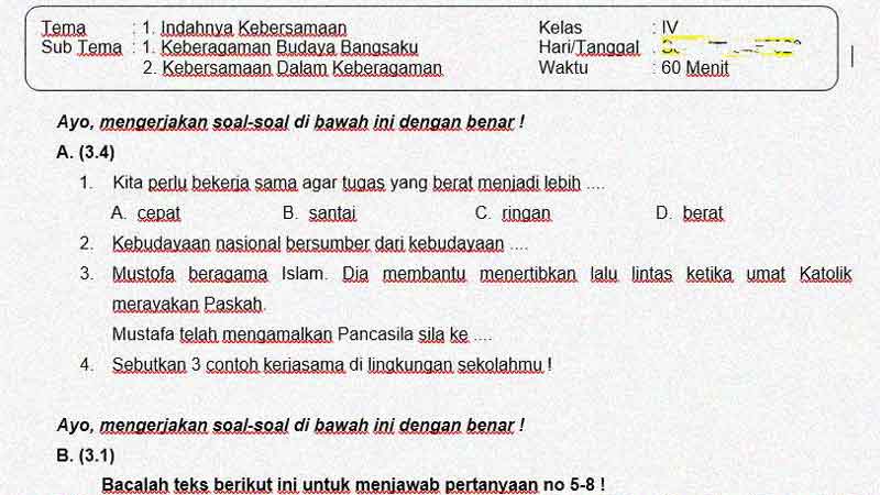 Latihan Soal Ulangan atau Penilaian Kelas 4 Tema 1 Subtema 1 dan 2