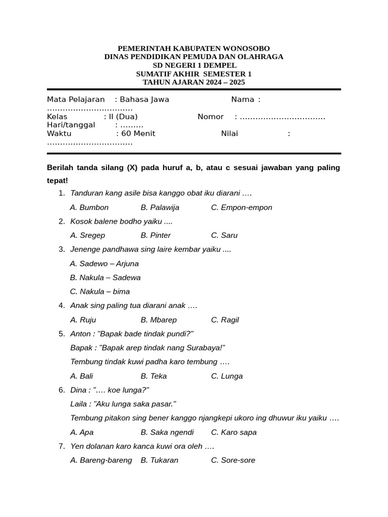 Wajib Tahu! Kumpulan Latihan Soal Bahasa Jawa Kelas 2 SD Semester 1 Terbaru dan Akurat