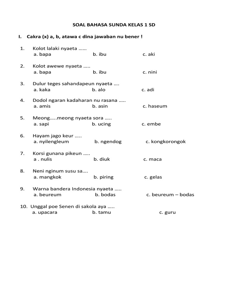 Wajib Tahu! Kumpulan Latihan Soal Bahasa Sunda Kelas 2 SD Semester 1 Paling Akurat