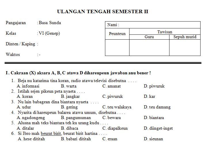 Wajib Tahu! Kumpulan Latihan Soal Bahasa Sunda Kelas 2 Semester 1 Kurikulum 2013 Terbaru