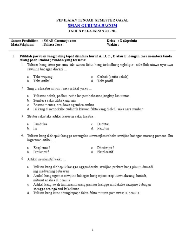 Wajib Tahu! Link Latihan Soal Bahasa Jawa Kelas X Semester 1 PDF Paling Akurat Wajib Tahu! Link Latihan Soal Bahasa Jawa Kelas X Semester 1 PDF Paling Akurat