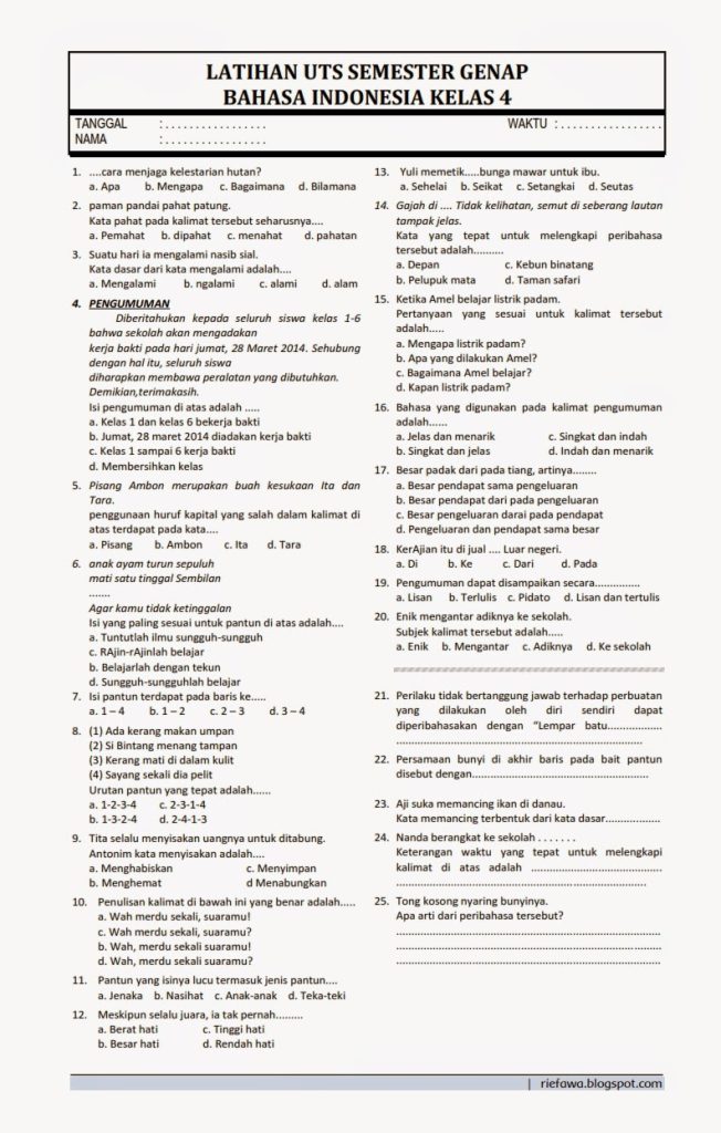 apa contoh soal bahasa indonesiatema 9 kelas 4 sd