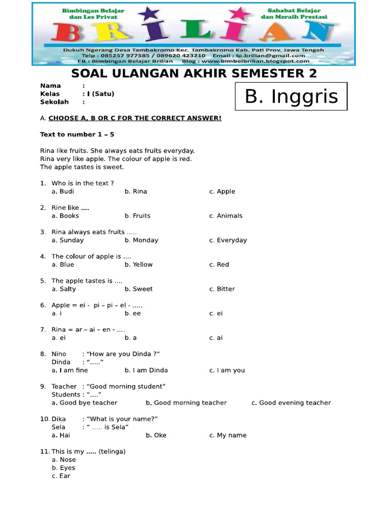 contoh soal kelas 3 sd bahasa inggris contoh soal kelas 3 sd bahasa inggris