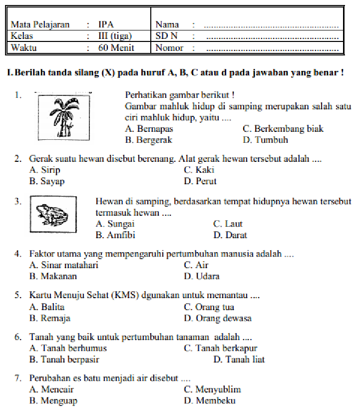 contoh soal kelas 3 sd ipa