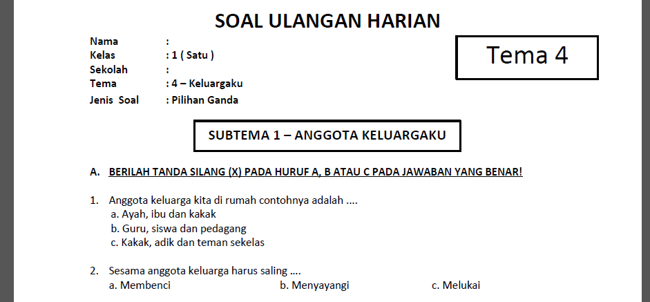 contoh soal tematik kelas 1 aku dan keluargaku contoh soal tematik kelas 1 aku dan keluargaku